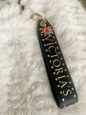 Victoria's Secret Black Leather Wristlet Keyring with Gold Accents and Red Charm
